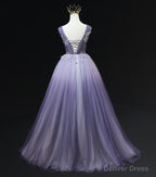 Light Purple Tulle Gradient Lace Applique Prom Dress, Long Prom Dresses