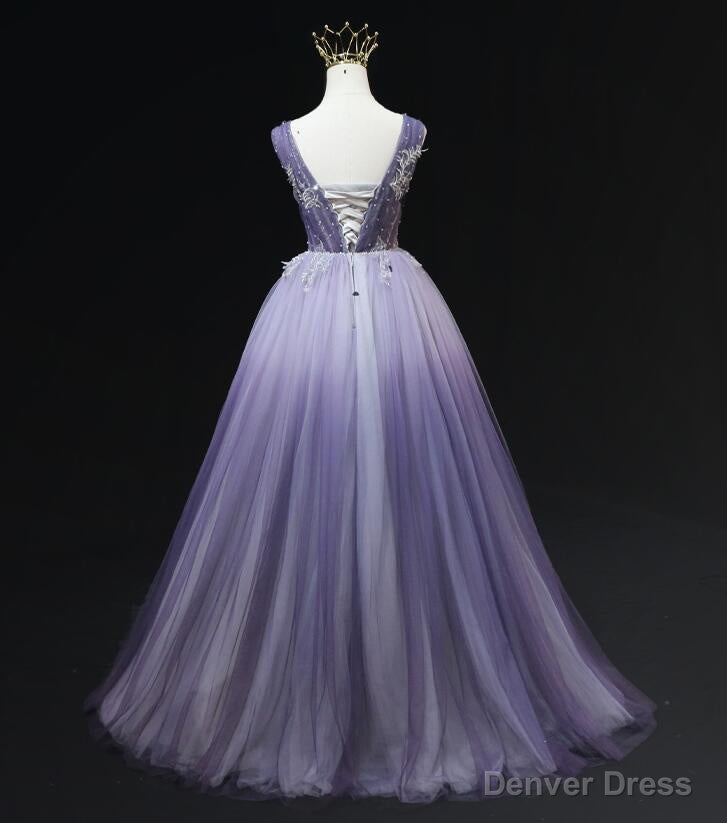 Light Purple Tulle Gradient Lace Applique Prom Dress, Long Prom Dresses