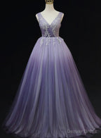 Light Purple Tulle Gradient Lace Applique Prom Dress, Long Prom Dresses
