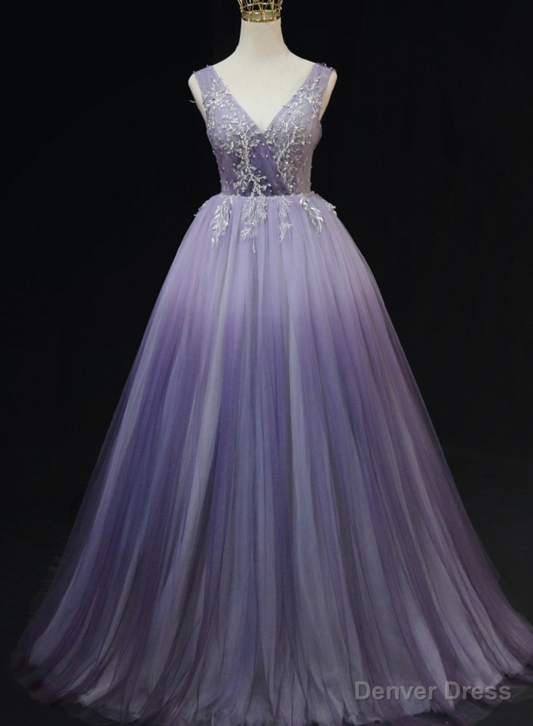 Light Purple Tulle Gradient Lace Applique Prom Dress, Long Prom Dresses