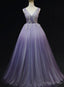 Light Purple Tulle Gradient Lace Applique Prom Dress, Long Prom Dresses