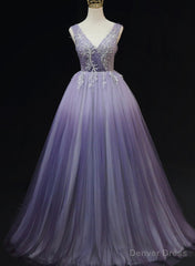 Light Purple Tulle Gradient Lace Applique Formal Dress, Long Prom Dress