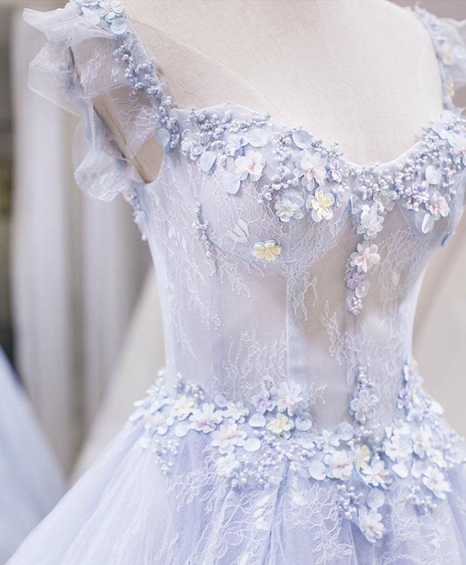 Light Blue Tulle Lace Long Prom Dress, Blue Prom Dresses