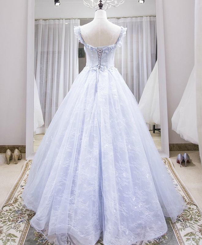 Light Blue Tulle Lace Long Prom Dress, Blue Prom Dresses