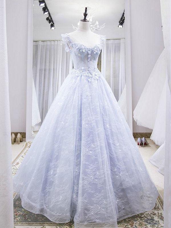 Light Blue Tulle Lace Long Prom Dress, Blue Prom Dresses
