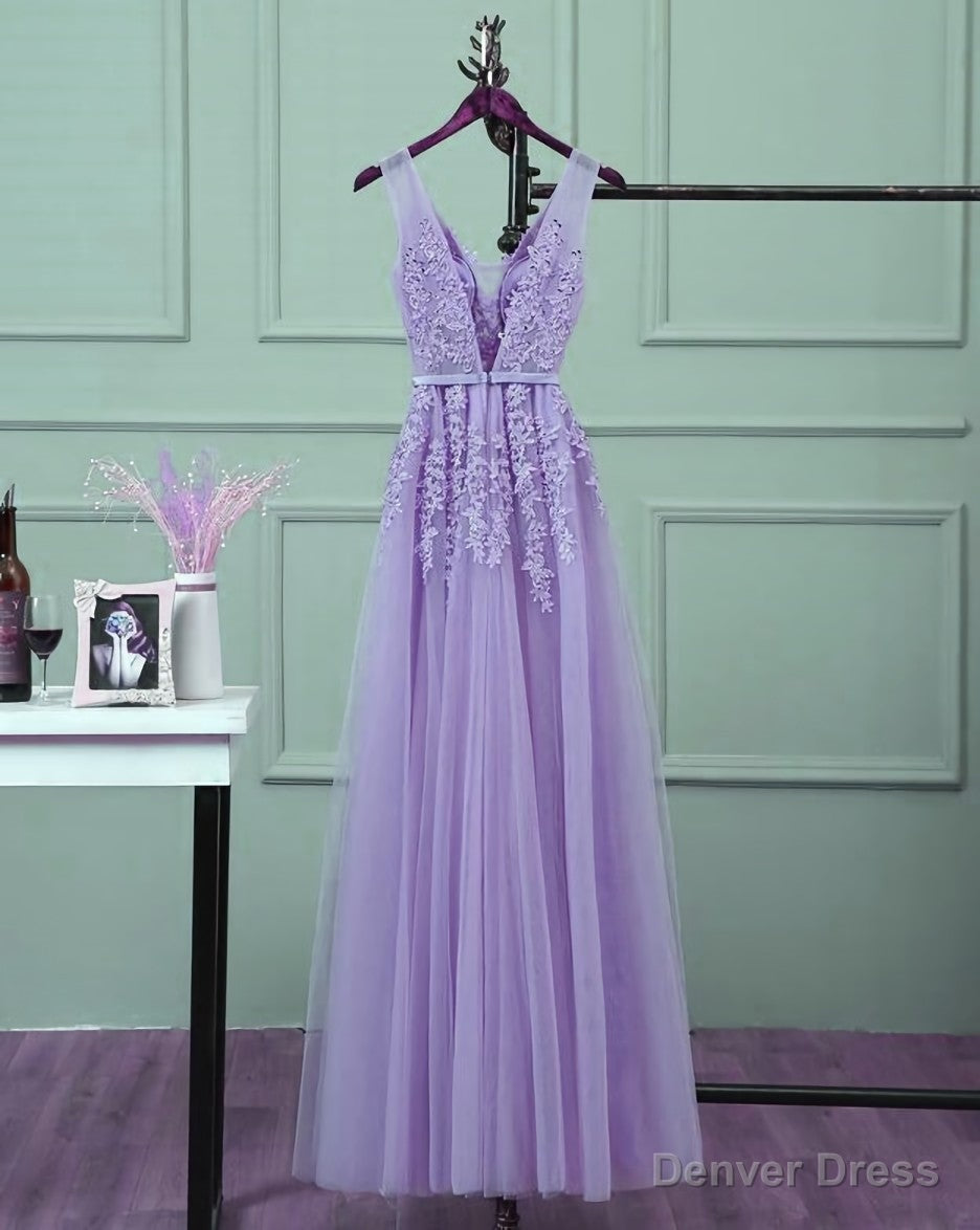 Light Purple Tulle Long Prom Dress , A Line Bridesmaid Dresses