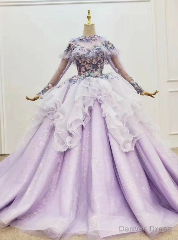 Light Purple Tulle Long Sleeve Appliques Beading Wedding Dress Main image