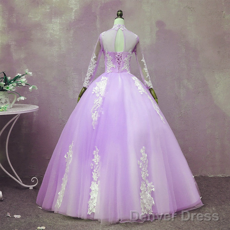 Light Purple Tulle Long Sleeves Applique Sweet 16 Gown, Beautiful Evening Dress Formal Dress