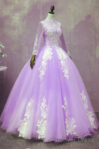 Light Purple Tulle Long Sleeves Applique Sweet 16 Gown, Beautiful Evening Dress Formal Dress