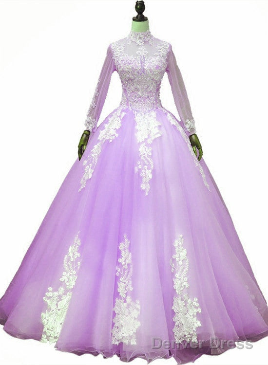 Light Purple Tulle Long Sleeves Applique Sweet 16 Gown, Beautiful Evening Dress Formal Dress