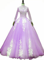 Light Purple Tulle Long Sleeves Applique Sweet 16 Gowns, Beautiful Prom Dress