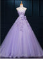 Light Purple Tulle Long Sweet 16 Dress with Bow, Lace Applique Purple Prom Dress Party Dress