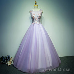 Light Purple Tulle Long Sweet 16 Formal Dress With Lace, Purple Prom Dress