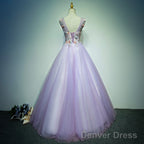 Light Purple Tulle Long Sweet 16 Formal Dress With Lace, Purple Prom Dress