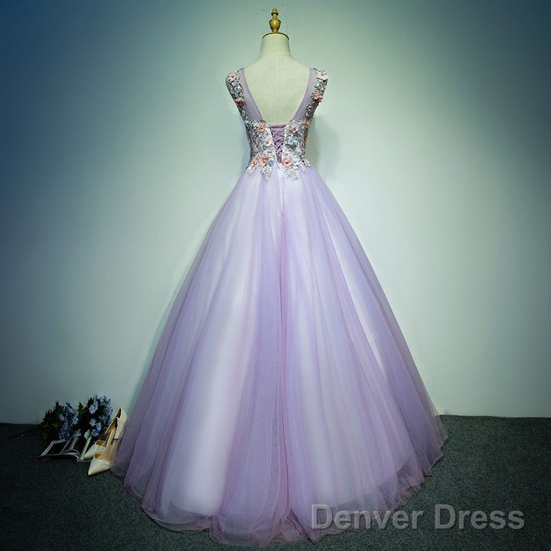 Light Purple Tulle Long Sweet 16 Formal Dress With Lace, Purple Prom Dress