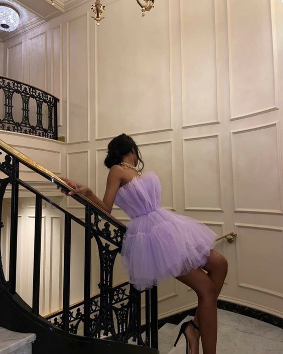 Light Purple Tulle Mini Prom Dress Strapless Pleated Homecoming Dresses