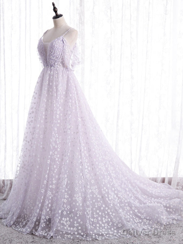 Light Purple Tulle Spaghetti Straps Backless Prom Dresses Main image
