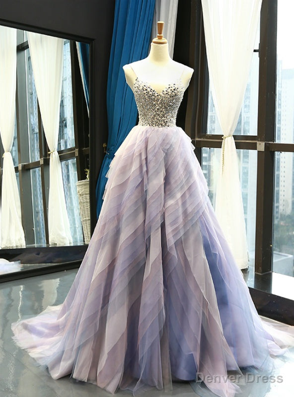 Light Purple Tulle Spaghetti Straps Tulle Backless Crystal Prom Dresses Main image