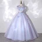 Light Purple Tulle With Butterfly Ball Gown Sweet 16 Dresses, Cute Long Evening Dresses
