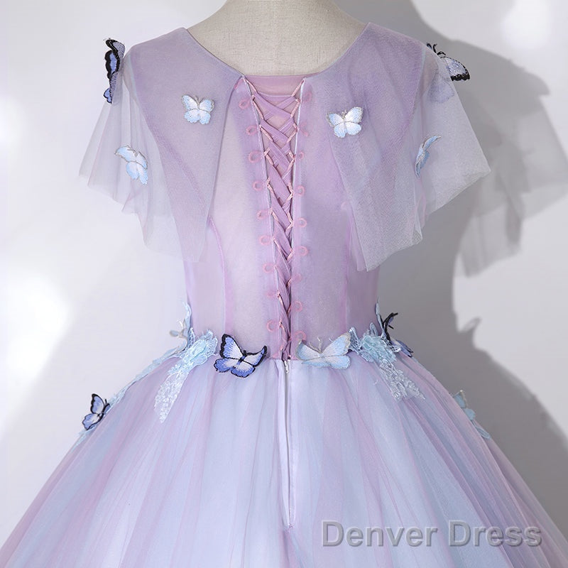 Light Purple Tulle With Butterfly Ball Gowns Sweet 16 Dress, Cute Long Prom Dresses