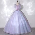 Light Purple Tulle With Butterfly Ball Gowns Sweet 16 Dress, Cute Long Prom Dresses