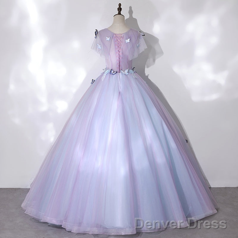 Light Purple Tulle With Butterfly Ball Gowns Sweet 16 Dress, Cute Long Prom Dresses