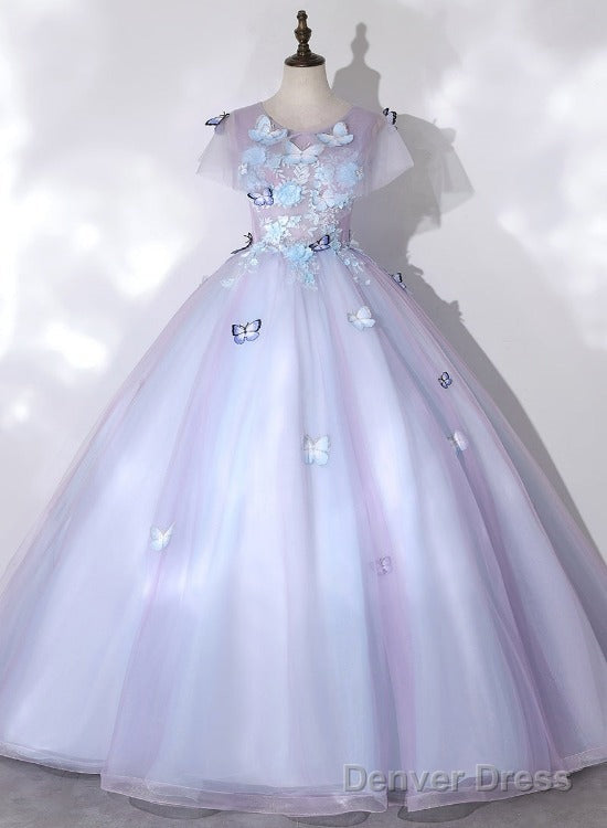 Light Purple Tulle With Butterfly Ball Gown Sweet 16 Dresses, Cute Long Evening Dresses Main image