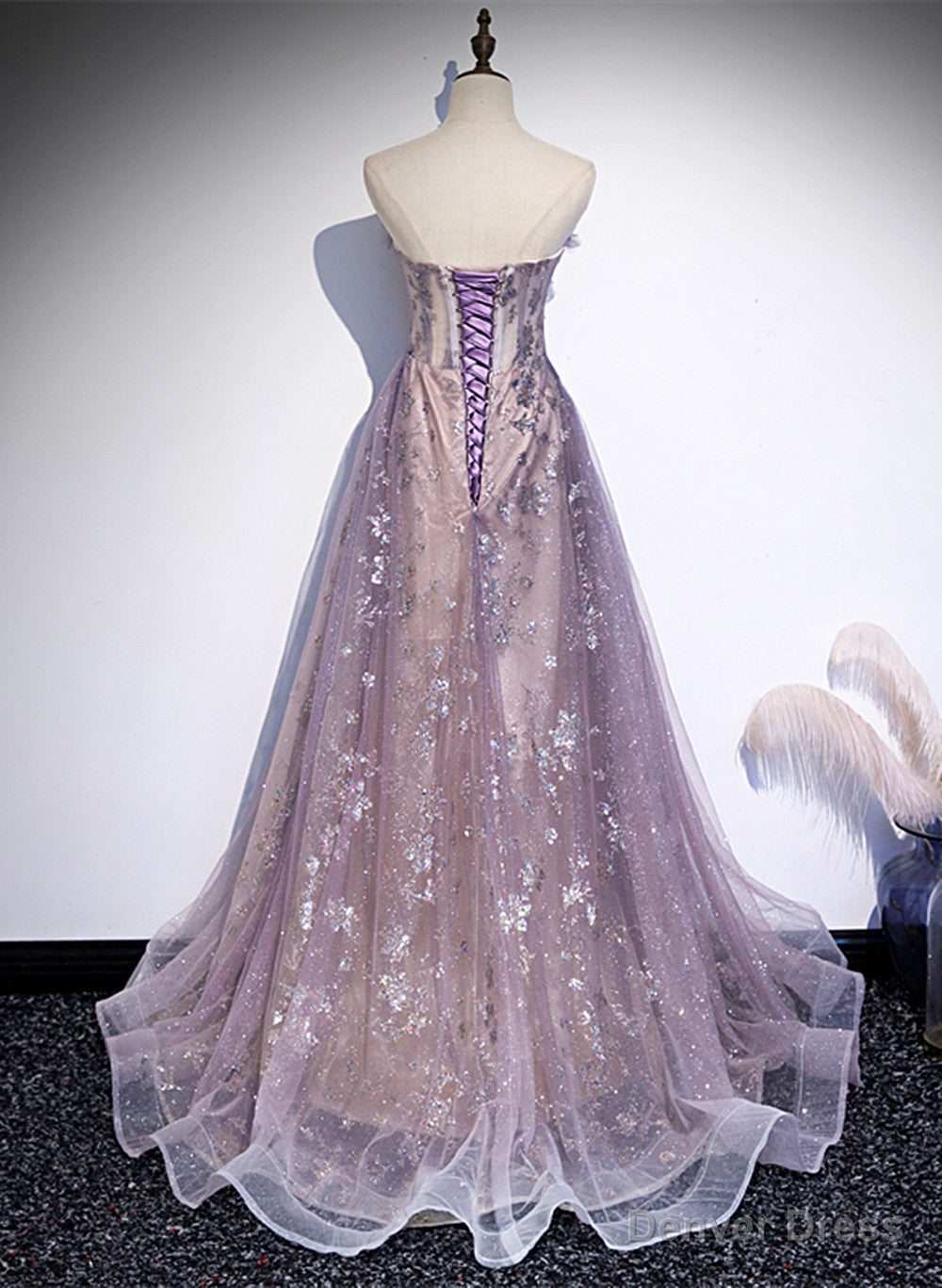 Light Purple Tulle with Lace A-line Floor Length Party Dress, Light Purple Evening Dress