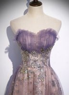 Light Purple Tulle With Lace A-Line Prom Dress, Purple Long Prom Dress