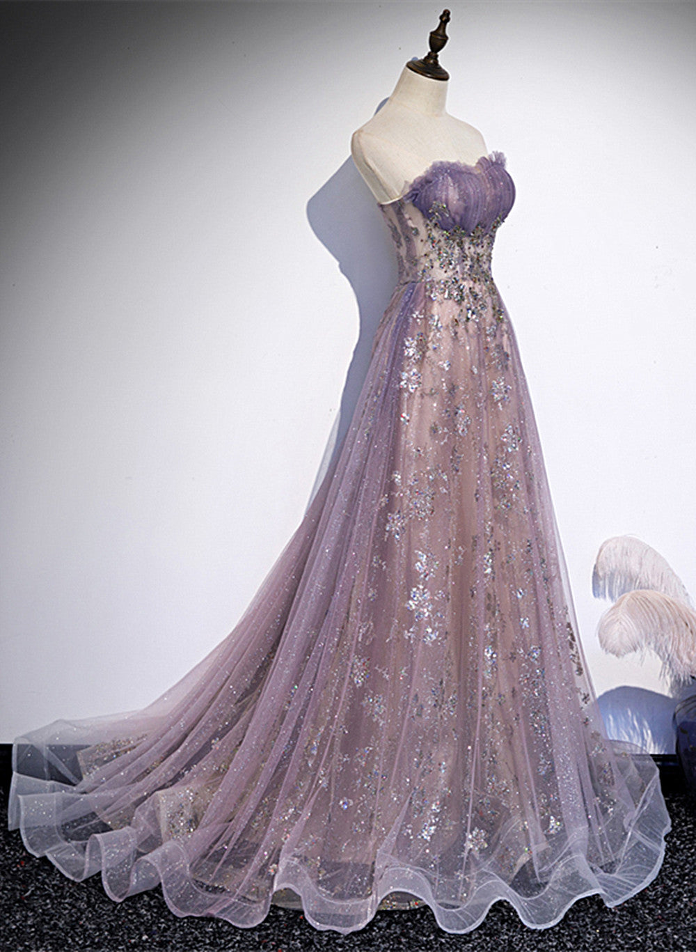 Light Purple Tulle With Lace A-Line Prom Dress, Purple Long Prom Dress