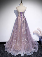 Light Purple Tulle With Lace A-Line Prom Dress, Purple Long Prom Dress