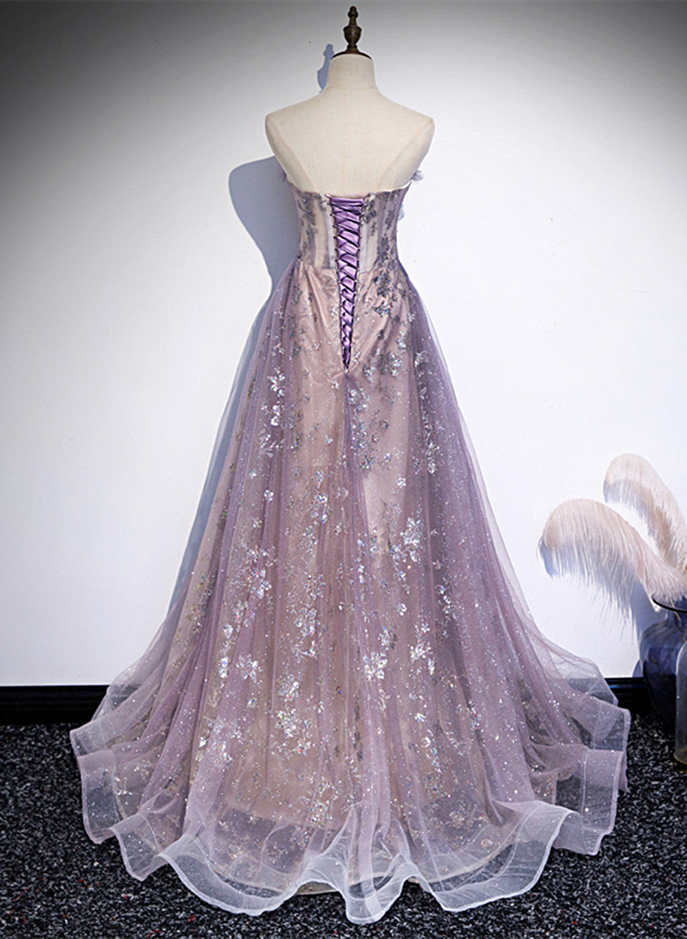 Light Purple Tulle With Lace A-Line Prom Dress, Purple Long Prom Dress