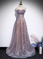 Light Purple Tulle With Lace A-Line Prom Dress, Purple Long Prom Dress