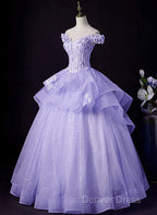 Light Purple Tulle With Lace Off Shoulder Sweet 16 Dress, Light Purple Prom Dresses