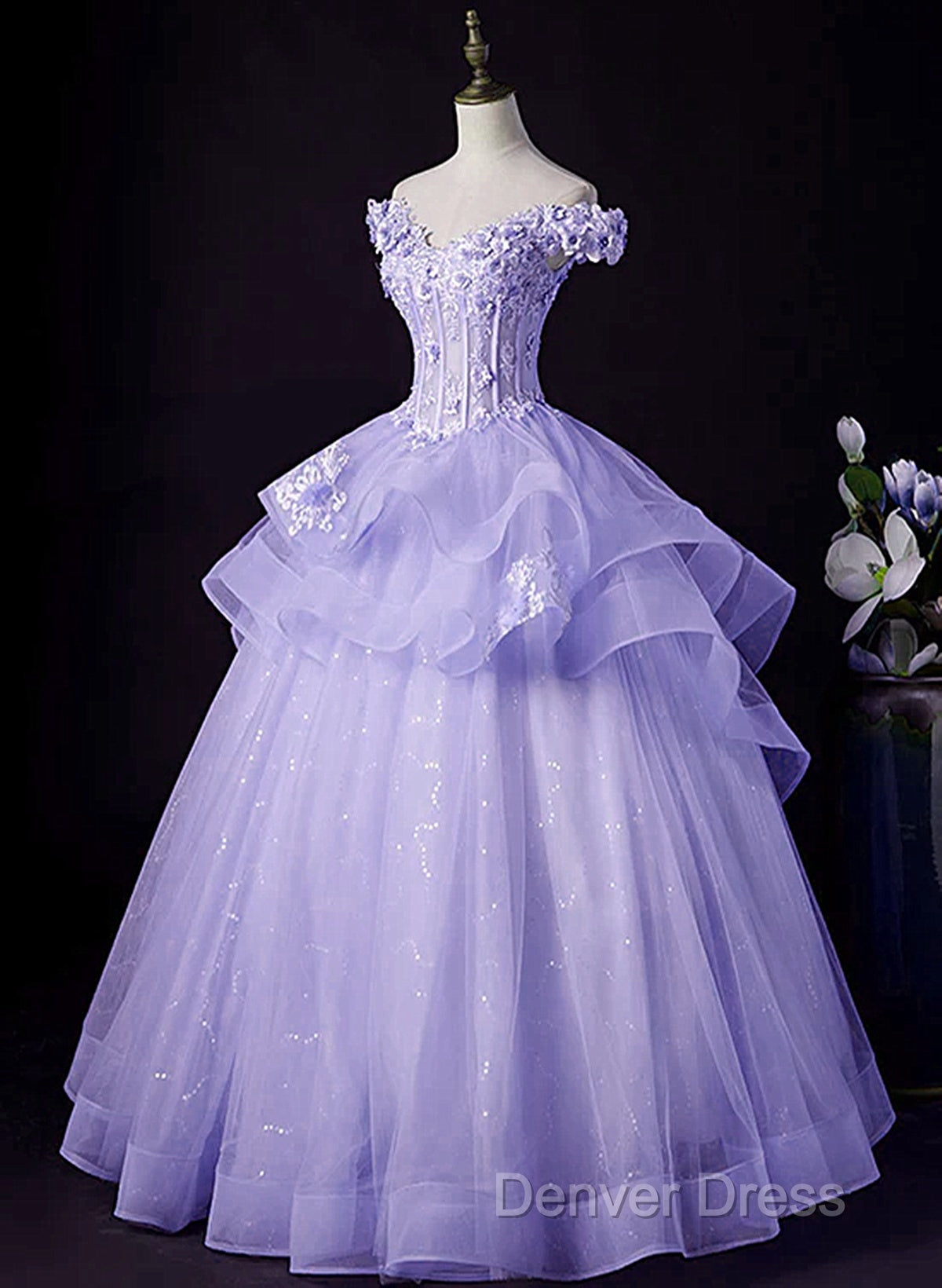 Light Purple Tulle With Lace Off Shoulder Sweet 16 Dress, Light Purple Prom Dresses