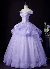 Light Purple Tulle With Lace Off Shoulder Sweet 16 Dress, Light Purple Formal Dress