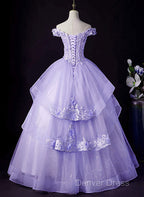 Light Purple Tulle With Lace Off Shoulder Sweet 16 Dress, Light Purple Prom Dresses