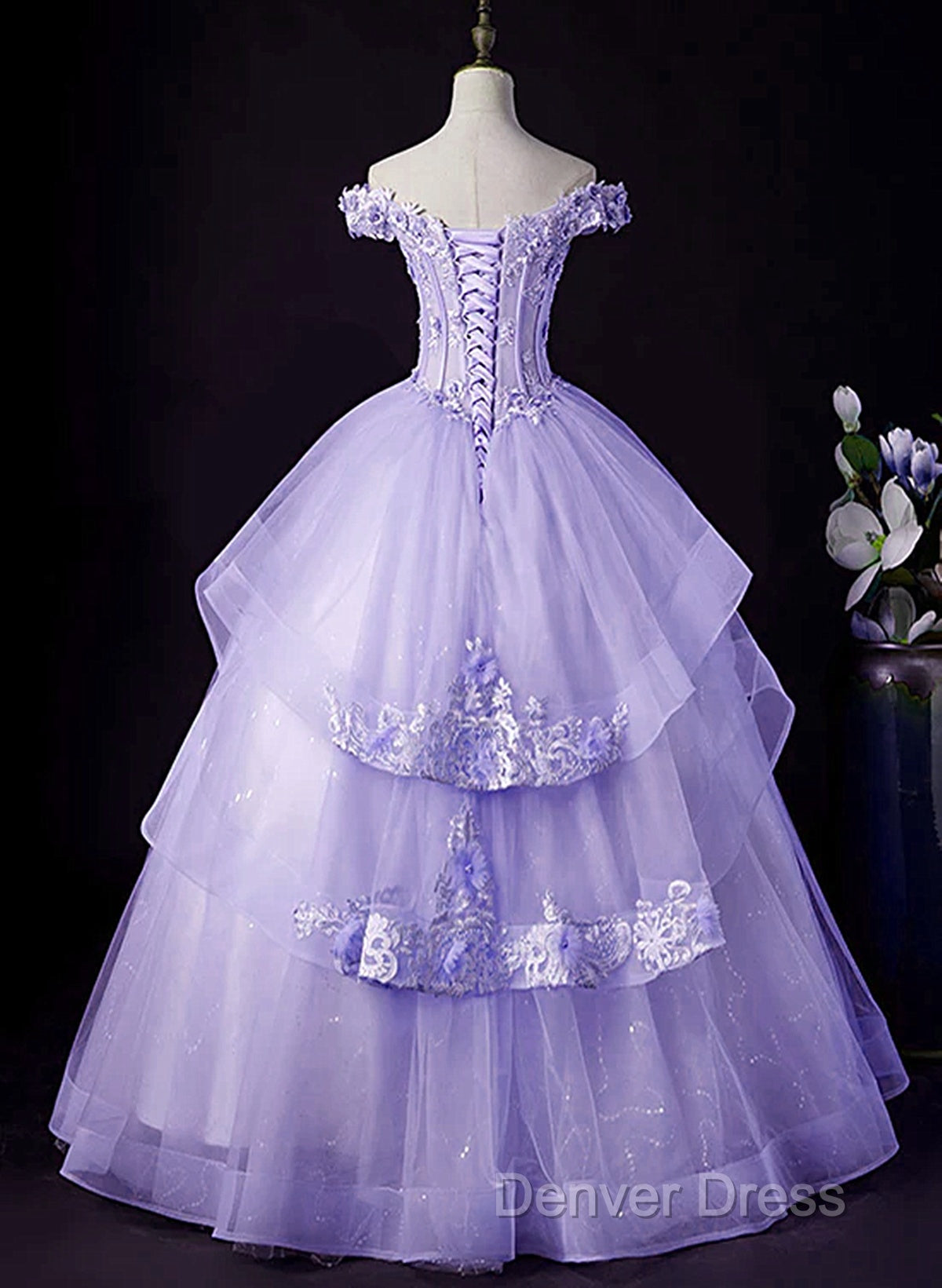 Light Purple Tulle With Lace Off Shoulder Sweet 16 Dress, Light Purple Prom Dresses