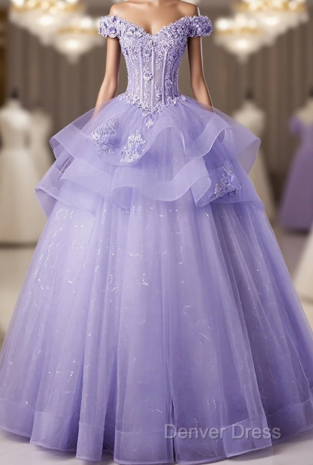 Light Purple Tulle With Lace Off Shoulder Sweet 16 Dress, Light Purple Prom Dresses