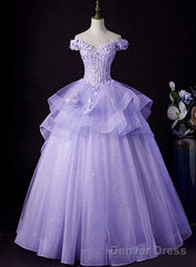 Light Purple Tulle With Lace Off Shoulder Sweet 16 Dress, Light Purple Formal Dress