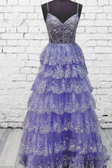 Light Purple V Neck Layered Lace Prom Dress