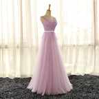 Light Purple V Neckline Long Prom Dress, Tulle Lace Applique Bridesmaid Dresses