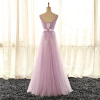 Light Purple V Neckline Long Prom Dress, Tulle Lace Applique Bridesmaid Dresses