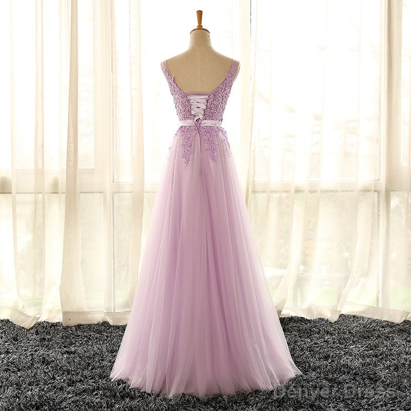 Light Purple V Neckline Long Prom Dress, Tulle Lace Applique Bridesmaid Dresses