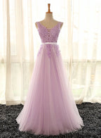 Light Purple V Neckline Long Prom Dress, Tulle Lace Applique Bridesmaid Dresses
