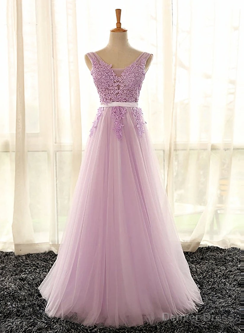 Light Purple V Neckline Long Prom Dress, Tulle Lace Applique Bridesmaid Dresses