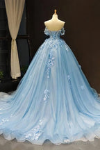 Light Sky Blue Off the Shoulder Ball Gowns Tulle Prom Dresses with Applique