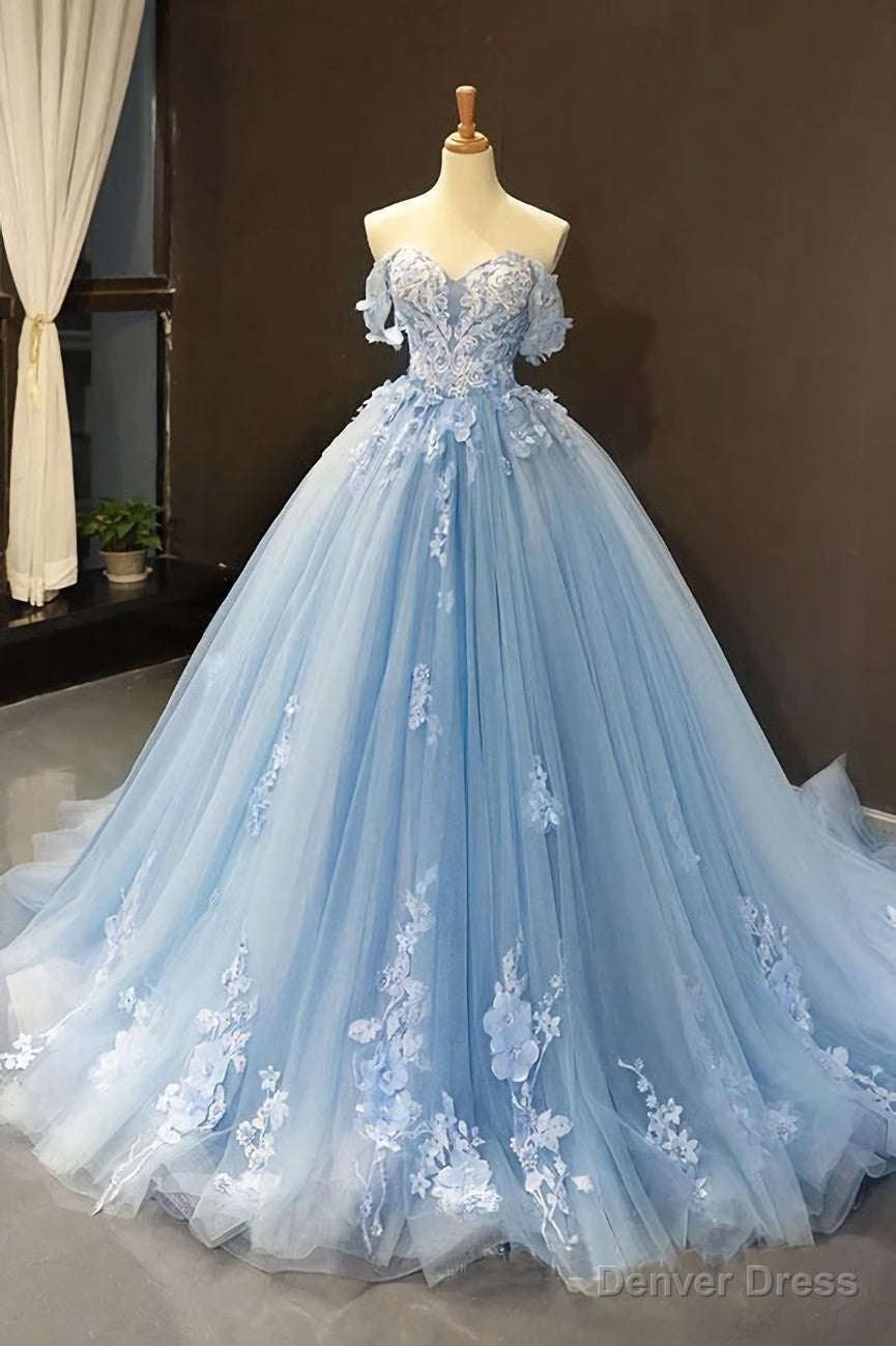 Light Sky Blue Off the Shoulder Ball Gowns Tulle Prom Dresses with Applique