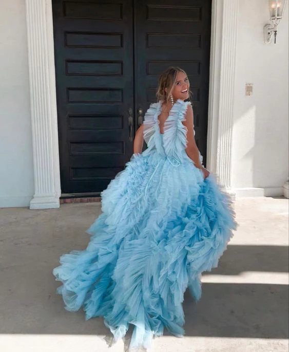 Light Sky Blue Tulle Princess Ruffle Straps With Tiered Long Prom Dresses