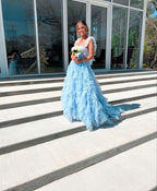 Light Sky Blue Tulle Princess Ruffle Straps With Tiered Long Prom Dresses